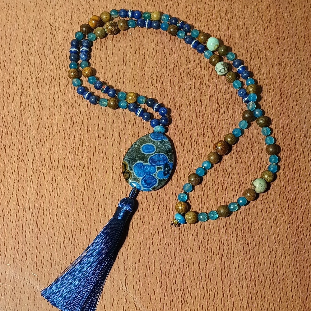 Boho Gemstone and Wood Beaded Necklace w/ Agate Gemstone Pendant, Tassels Mala